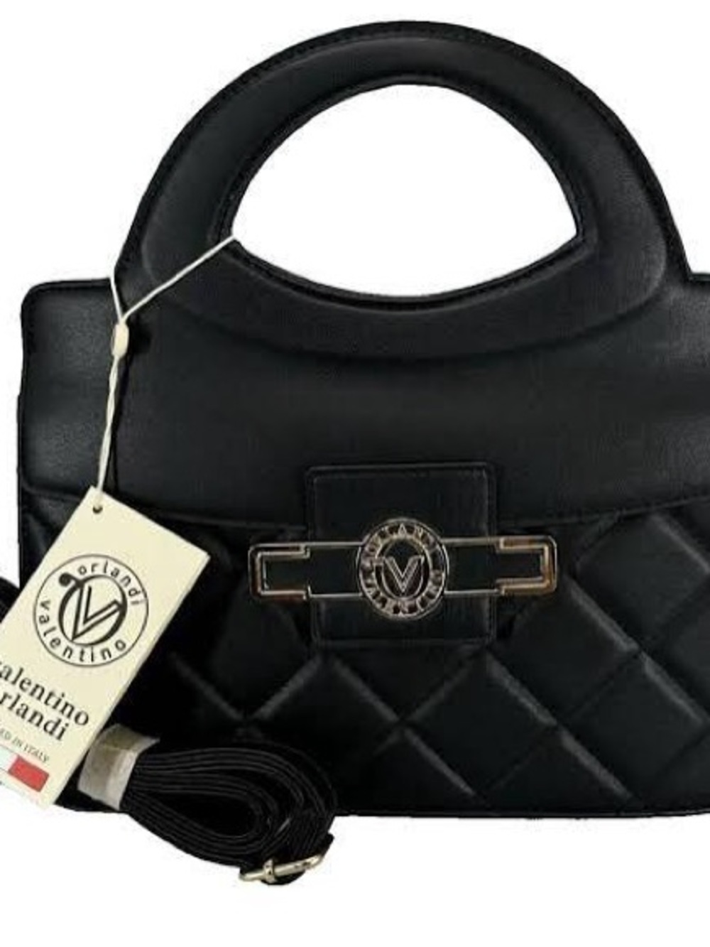 Valentino Orlandi Black Quilted Satchel with V Emblem